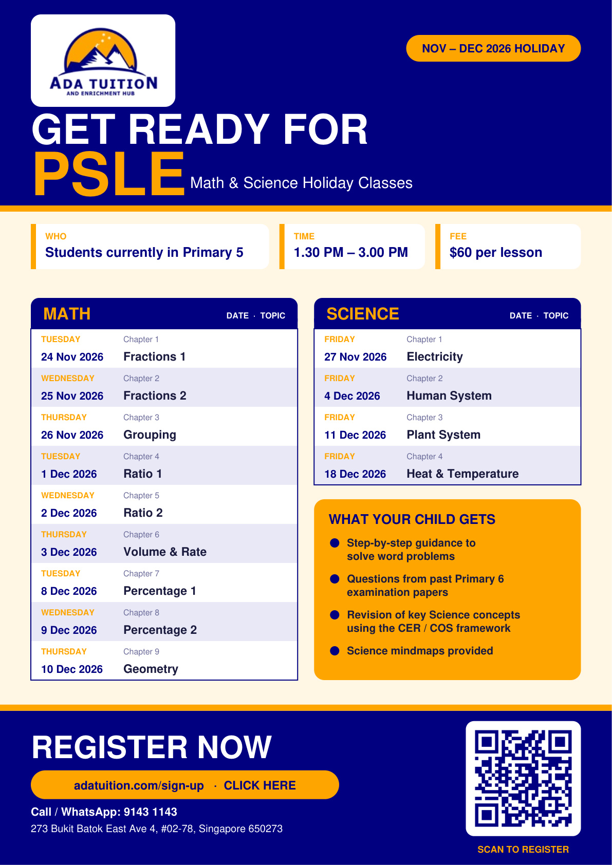 ADA Get Ready for PSLE holiday classes poster for Nov–Dec 2026. Full class details and schedules are available as text below.