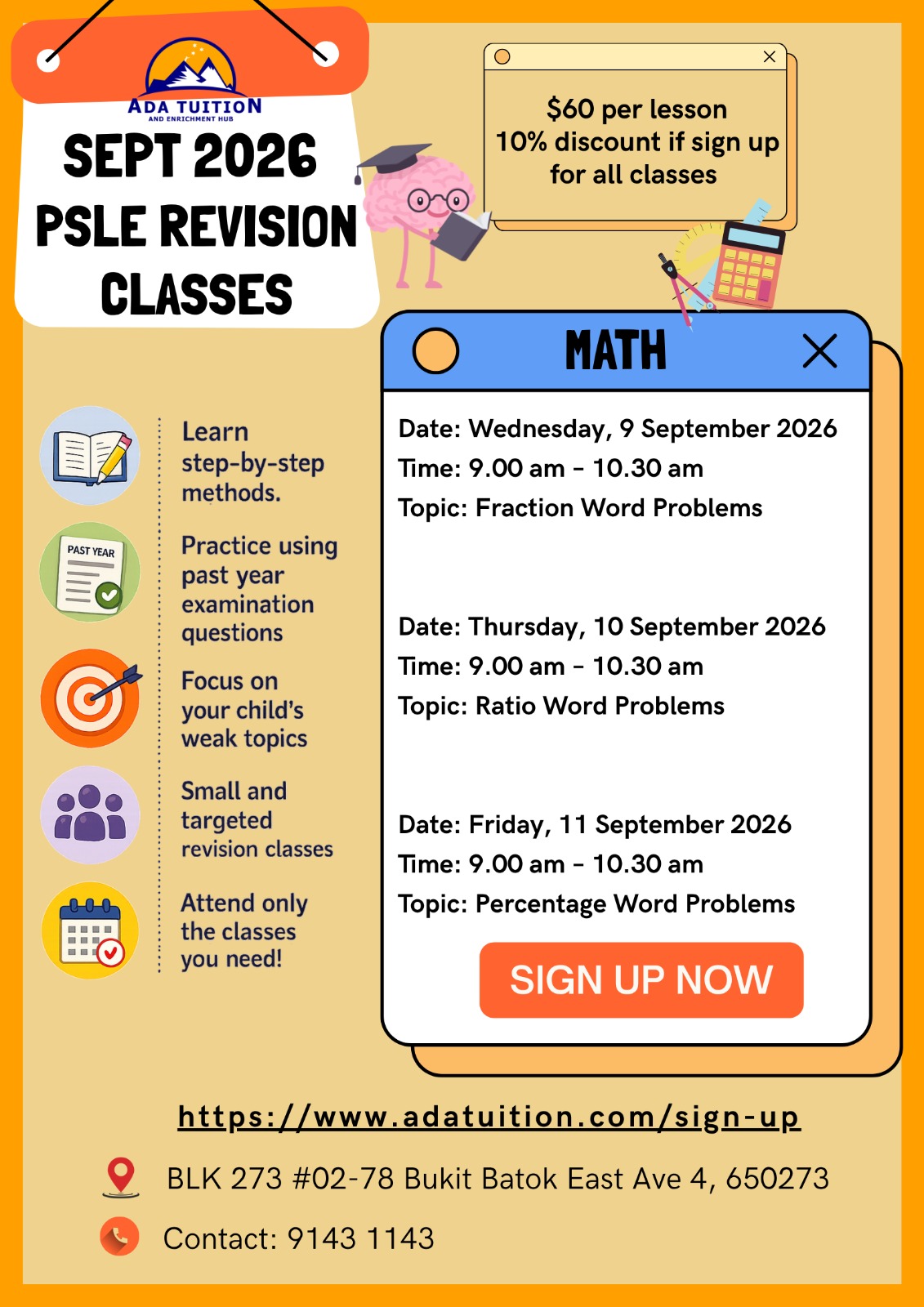 ADA Tuition Sept 2026 PSLE Revision Classes — Math schedule poster