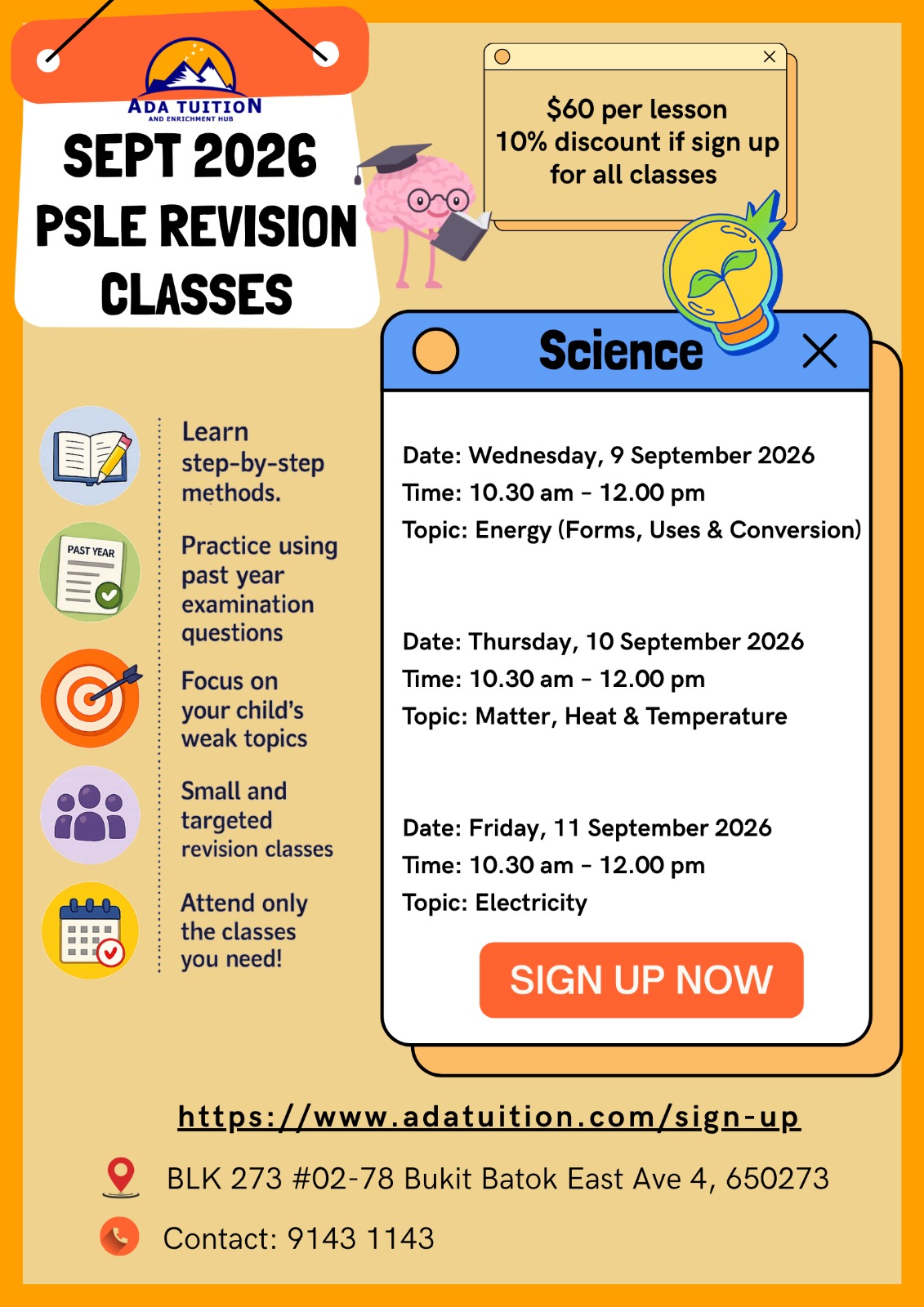 ADA Tuition Sept 2026 PSLE Revision Classes — Science schedule poster
